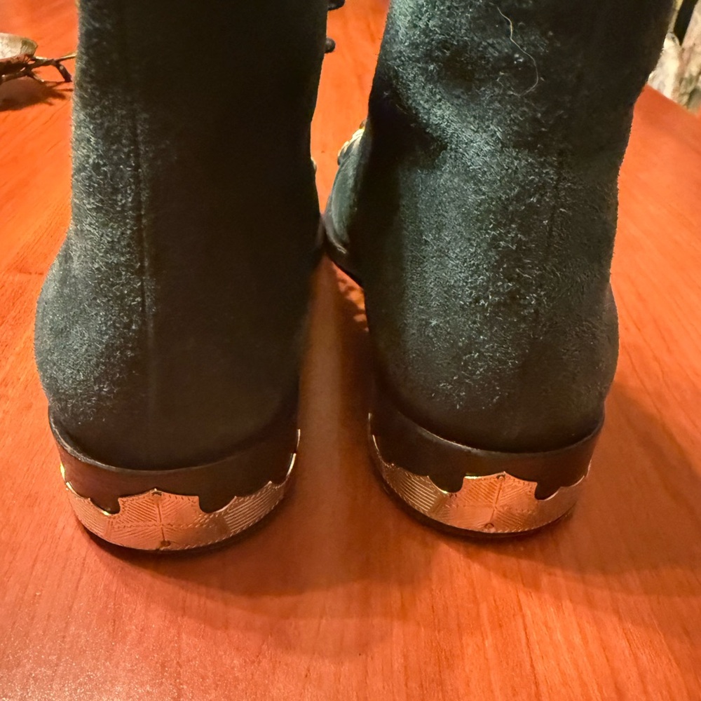 Women's Dark Green Suede Lace-Up Ankle Boots with Gold Leaf Accent - Picture 7 of 9